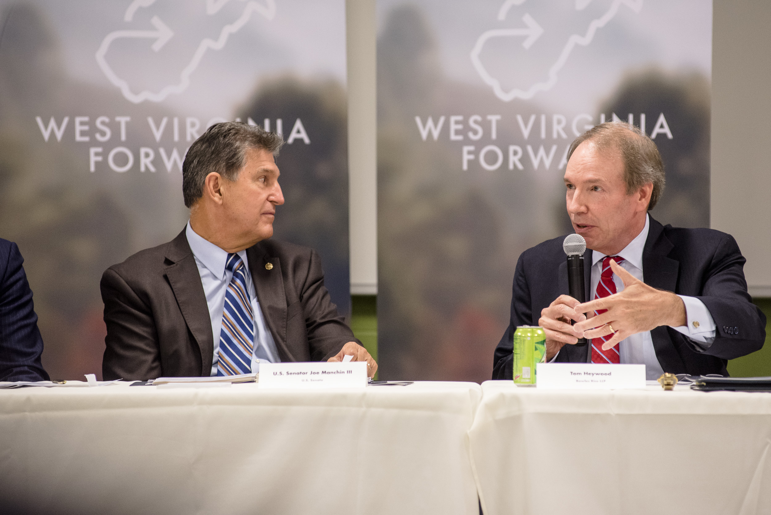 US Senator Joe Manchin and DRWV Foundation board member, Tom Heywood, join a roundtable discussion on reducing the security clearance backlog in WV.