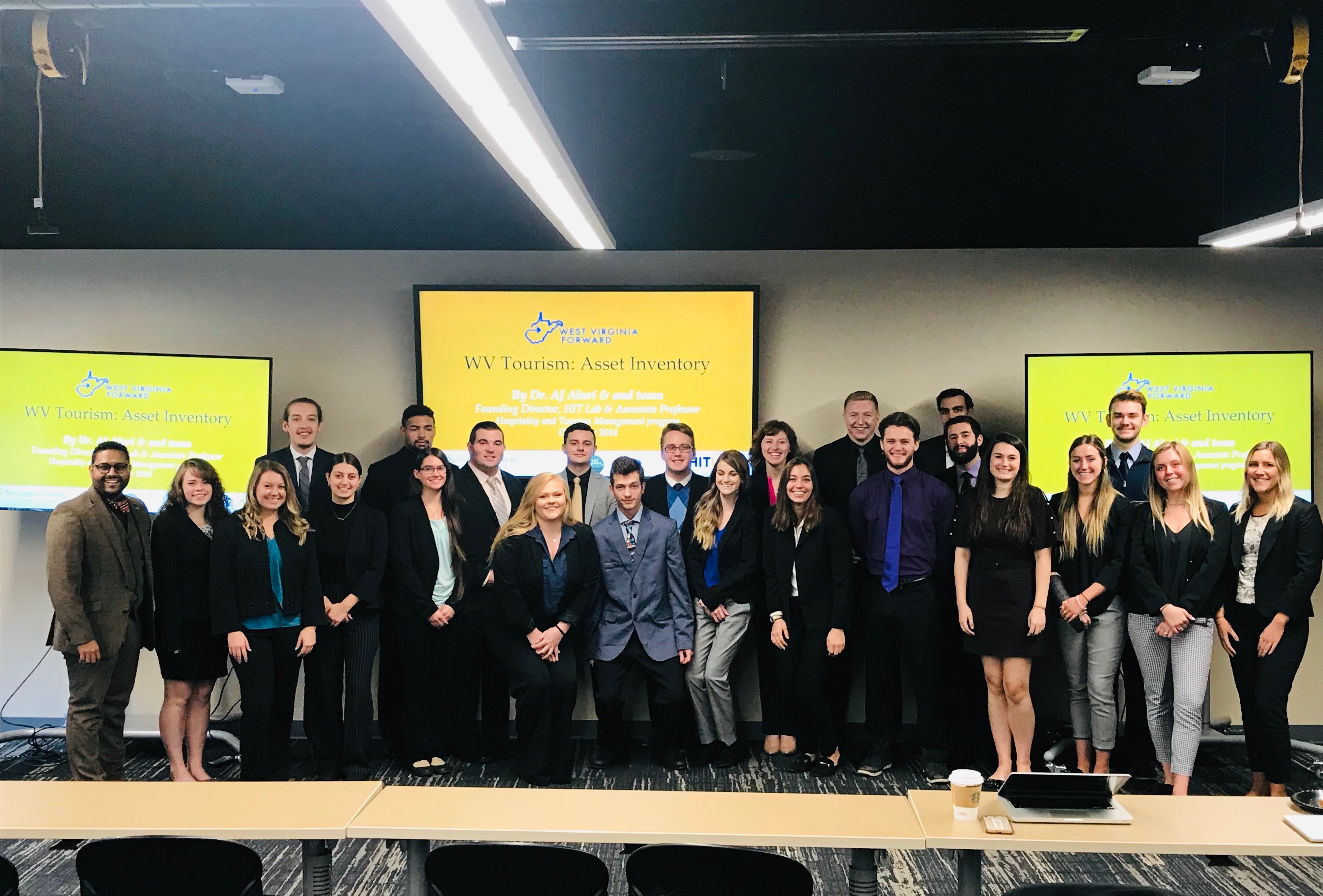 Dr. Ajay Aluri, Associate Professor in the WVU Hospitality and Tourism Management program, and his students presented their semester-long projects to WV Tourism Office representatives and WV Forward partners on Friday, December 7, 2018