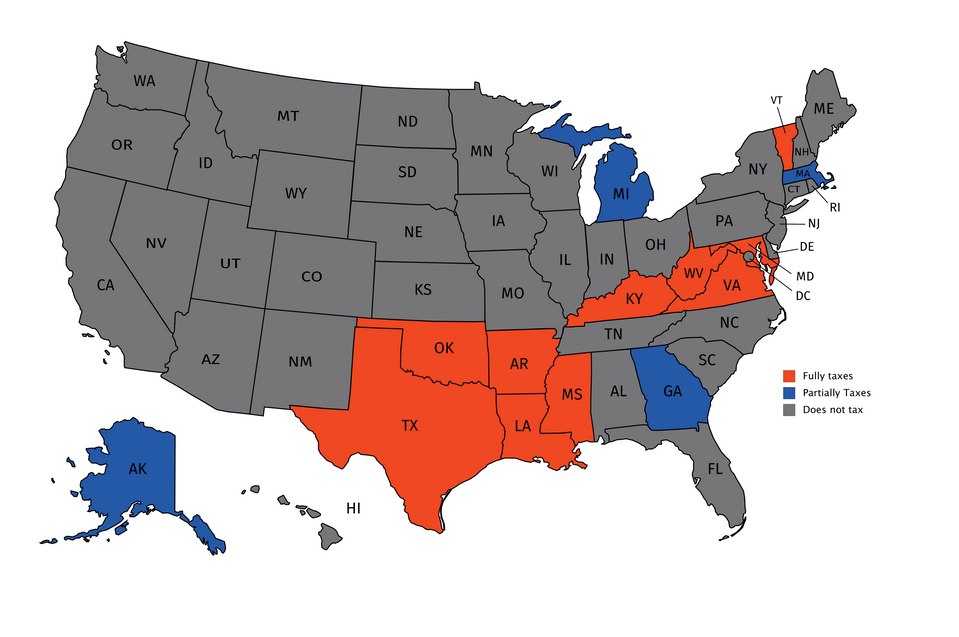 United States map of states that use tangible personal property tax on business inventory. West Virginia is fully taxed.
