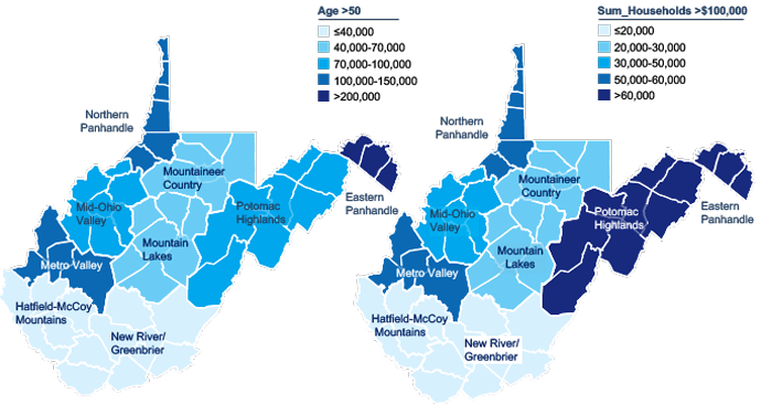 Map of West Virginia that illustrates different regions of the state that could attract the populations aged over 50 and households with more than $100,000 income within a 3-hour drive of West Virginia regions.
